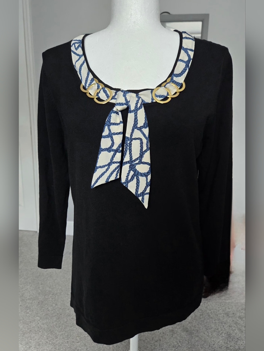 August Silk Black Knit Top with Attached Scarf & Gold O-Rings - Size L
